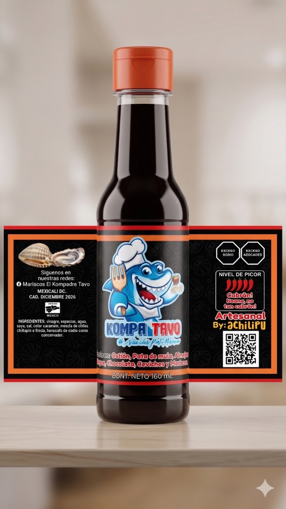 Botella de salsa de la casa Mariscos El Kompa Tavo